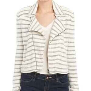 BCBGMAXAZRIA Levi Striped Asymmetrical Zip Cropped Moto Jacket FLAW White XS